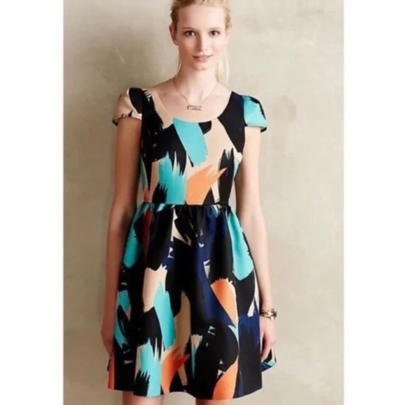 Anthropologie MOULINETTE SOEURS Pinion Abstract Brushstroke Fit N’ Flare Dress 4 - Picture 5 of 16